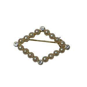 Vintage Gold Tone Diamond Shaped Faux Pearl Brooch Pin Rhinestone 1.5”